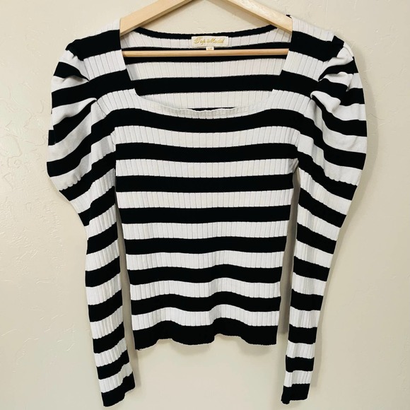 top model Tops - Top Model Black  White Stripe Bubble Long Sleeve Sweater Blouse